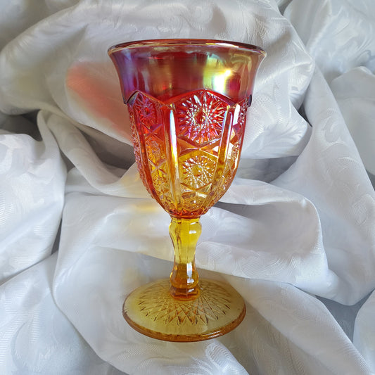 Red Yellow Carnival Glass Goblet